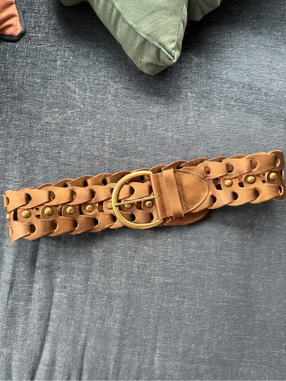 Braided Tan Leather Waist Belt with Brass Buckle